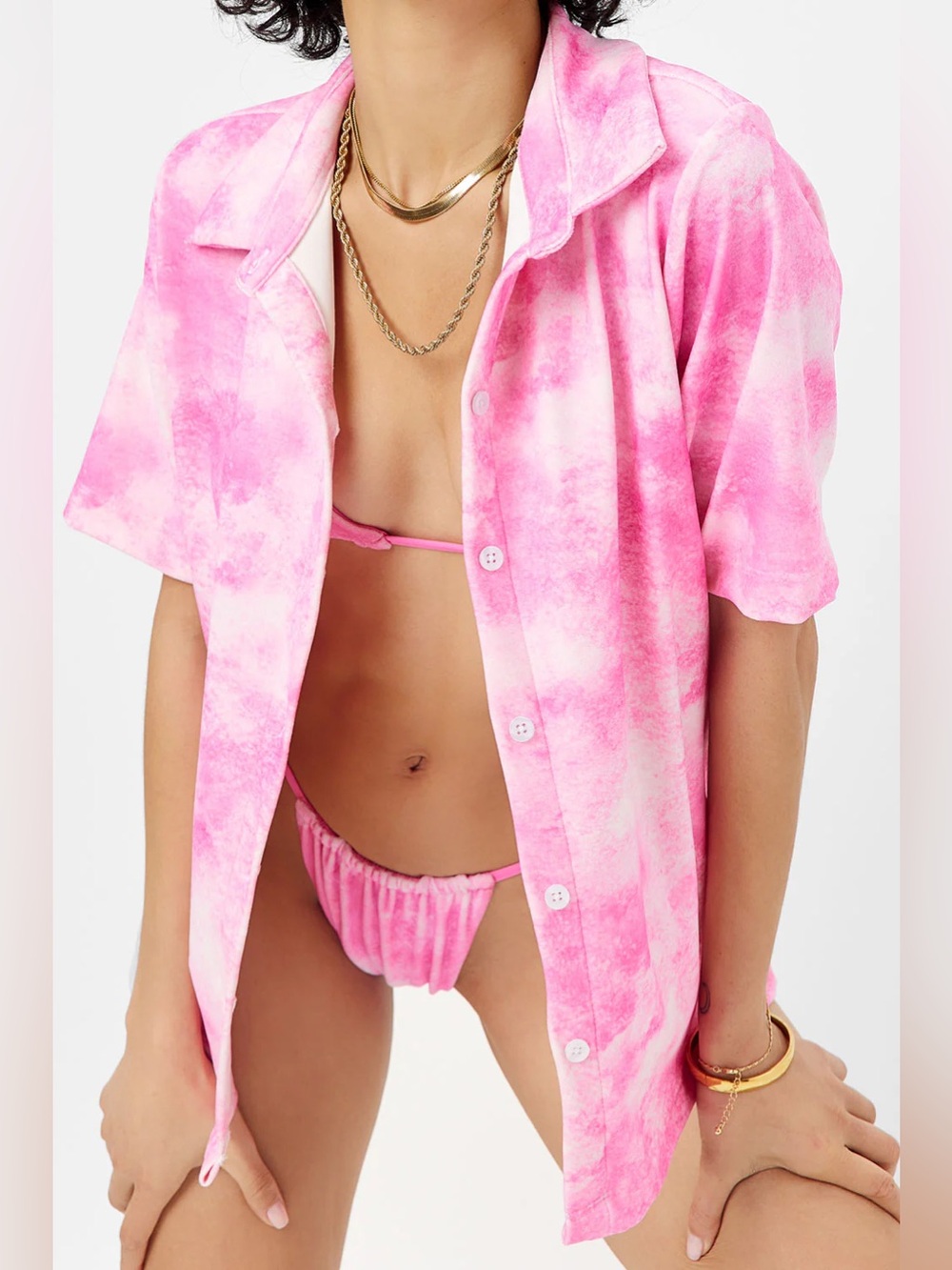 Frankies Bikinis SMALL Hunter Terry Button Up shirt in Distorted Pink Dye